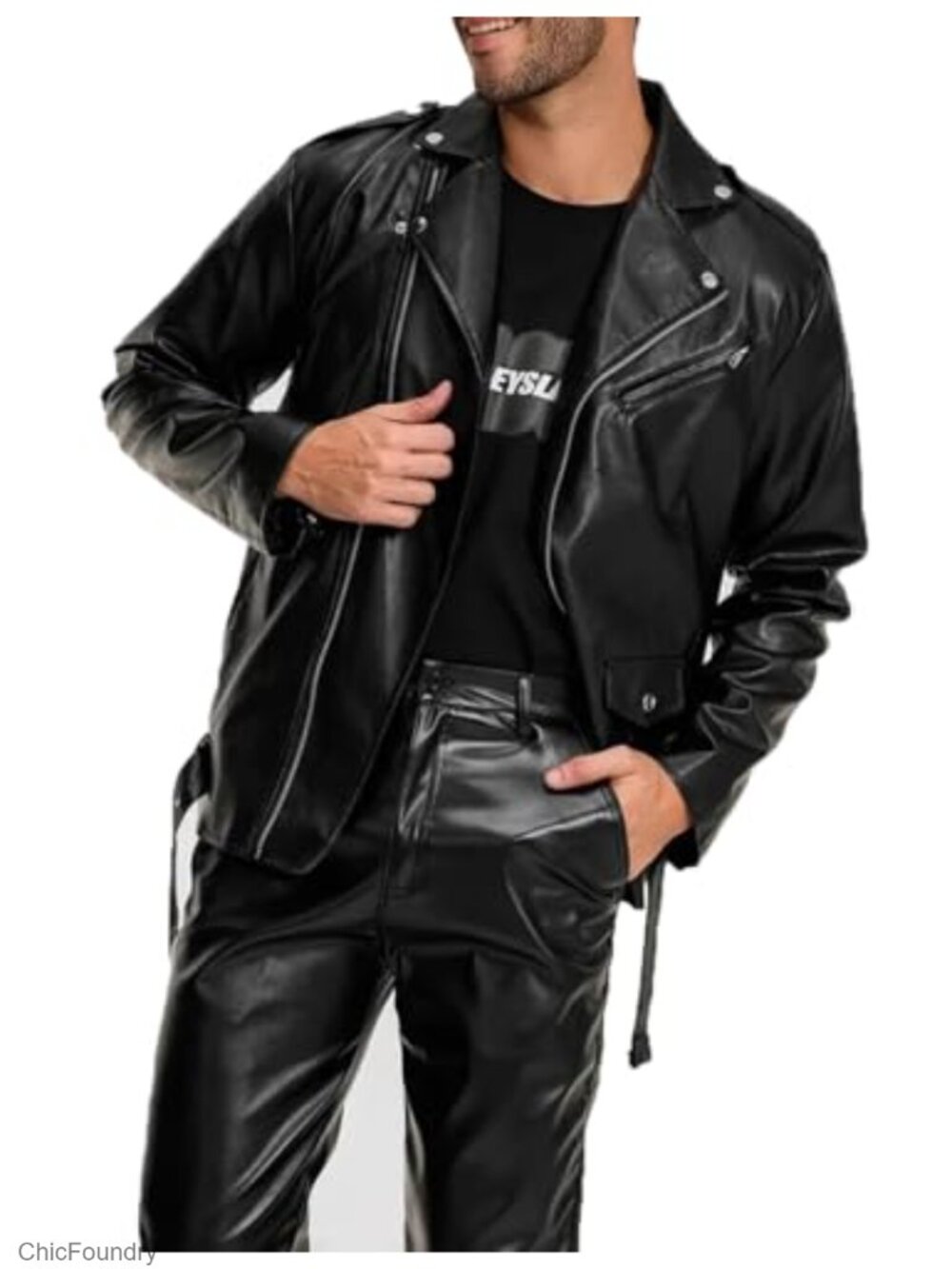 Men's PU Leather Motorcycle Jacket with Belt, Biker Coat